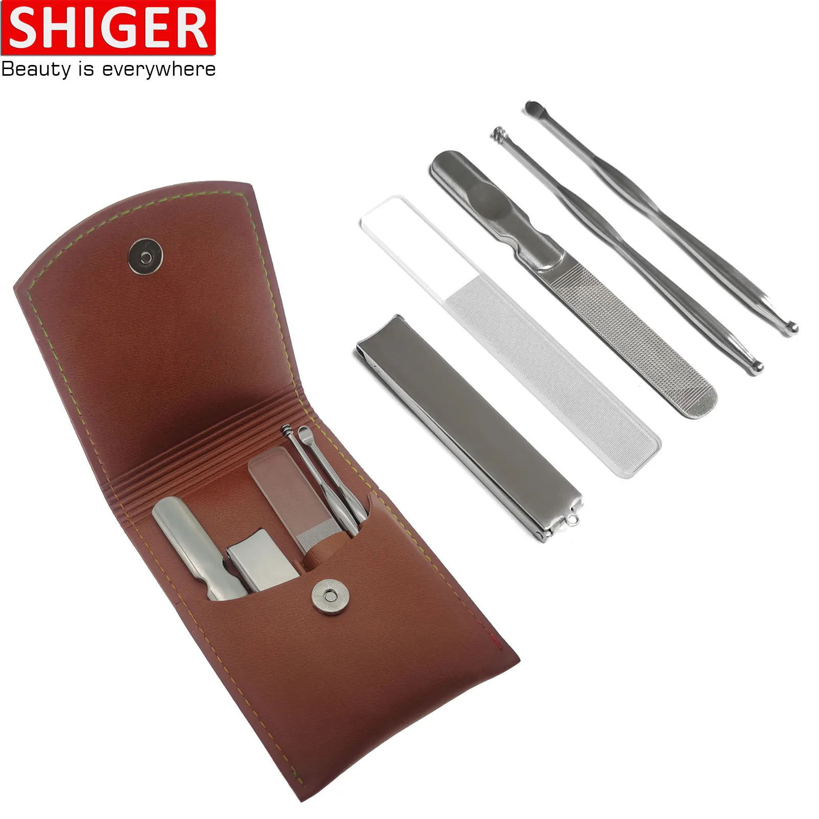 

SHIGER Professional 5pcs Nail Clipper Tool Set Portable Travel Nail Cutter Buffer Earpick File Manicure Kit Stainless Steel