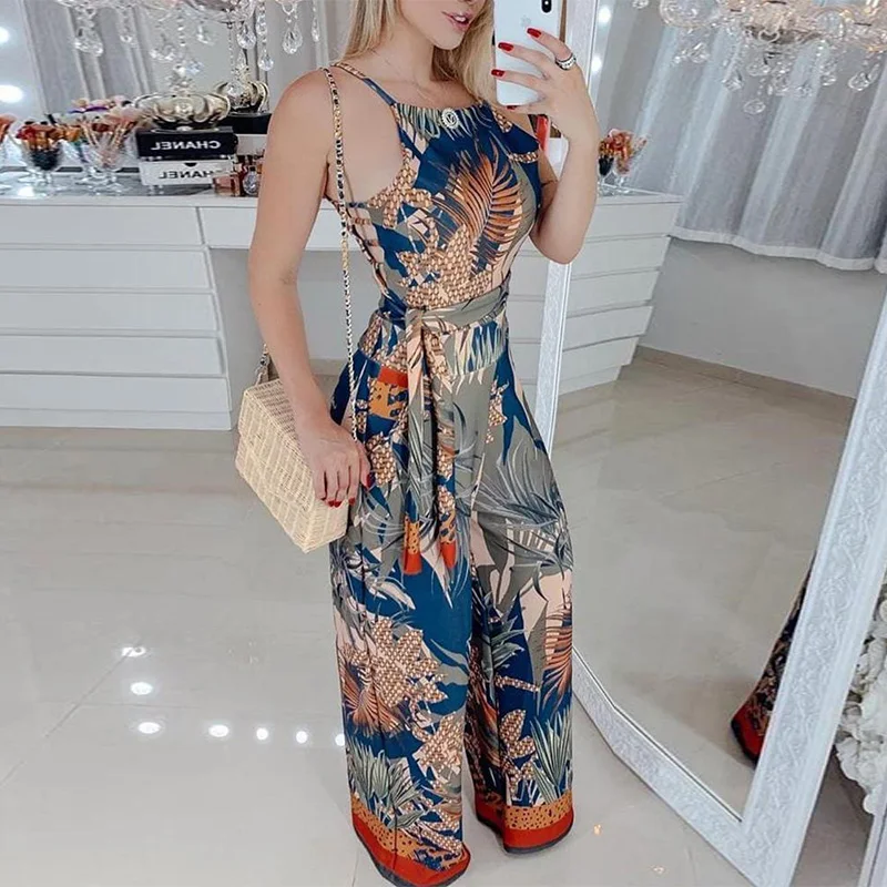 

Tropical Print Spaghetti Strap Rompers Women Jumpsuit One Piece Overalls