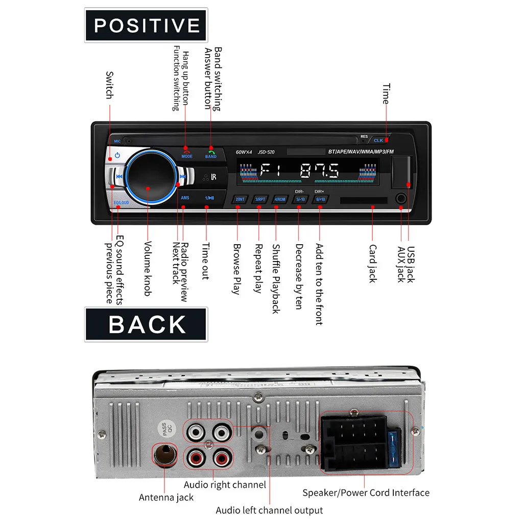 JSD-520 Автомобильный MP3-плеер радио U диск SD Карта BT музыкальный телефон Замена CD/DVD AUX BT mp3# PY10