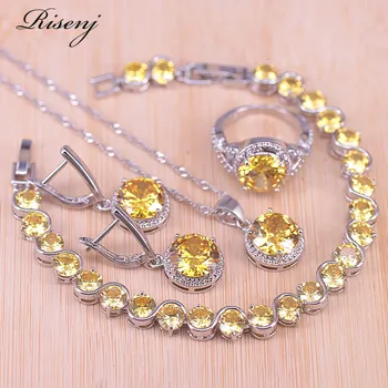

Risenj Sparking Yellow Big Round Silver Color Jewelry Set Earrings Ring Necklace Set With Bracelet Best Birthday Present