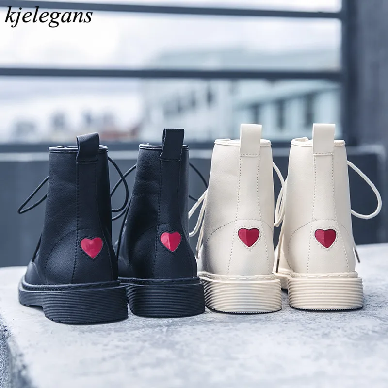 

kjelegans 2019 fashion heart cross-tied leather high quality round toe ankle women boot black white non-slip bota feminina