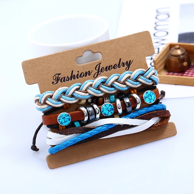 

2019 New DIY Multi-layer Blue Woven Leather Hand Ladies Suit Bracelet Charm Bracelets for Women Fashion Jewelry Accessories Gift