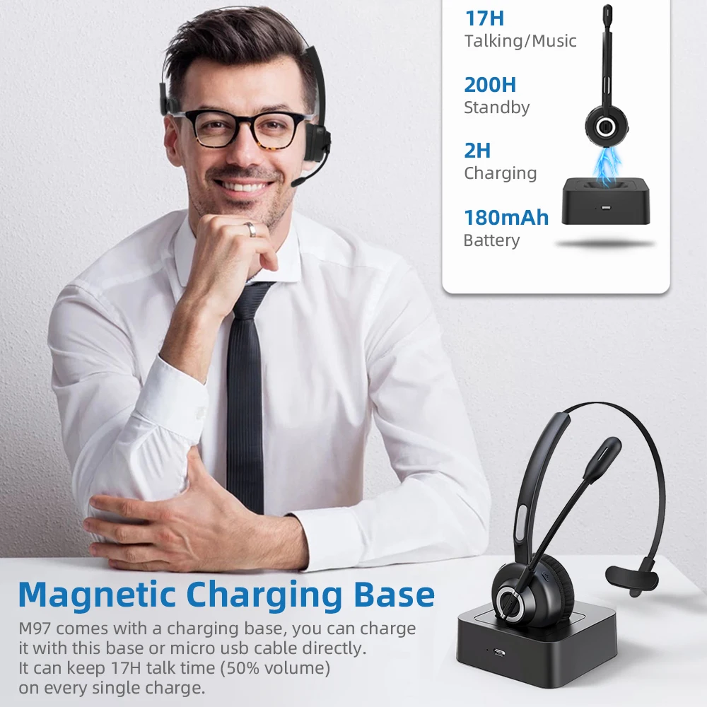 Monaural Bluetooth Wireless Noise Cancelling Headphones Call Center VOIP Headset for Office Telephone Operator with Microphone