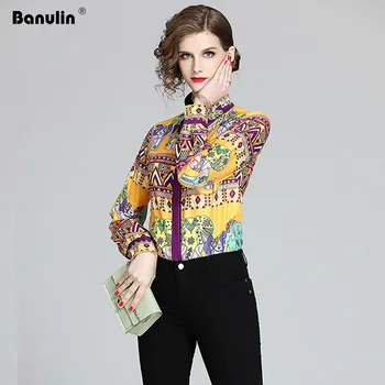 

Banulin 2020 Spring Women Long Sleeve Casual Blouse Elegant Design Ladies Luxury Graffiti Print Runway Shirt High Quality Tops