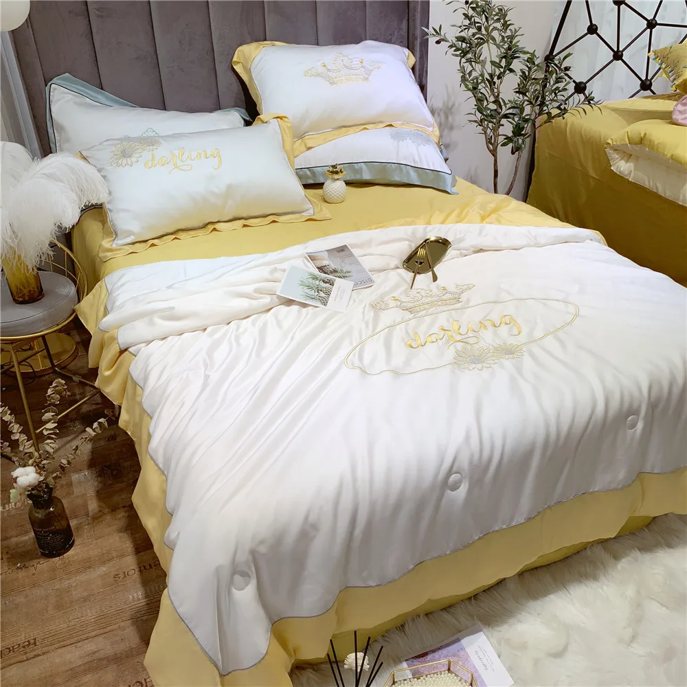 

American-Style 60 Tencel Airable Cover Bare Sleeping Silky Thin Blanket Simple-Style Embroidered Pastoral Style-Washing Summer B