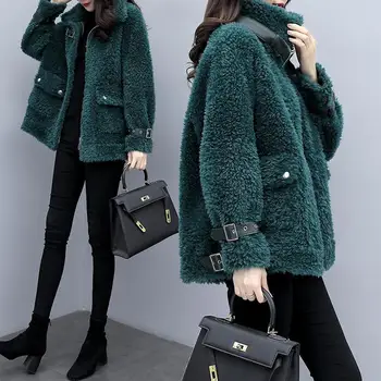 

Women 2020 Autumn Winter Loose Solid Wool Coats Female Pocket s Thick Warm Outerwear Ladies Faux Sheep Sheared Fur Jacket G807