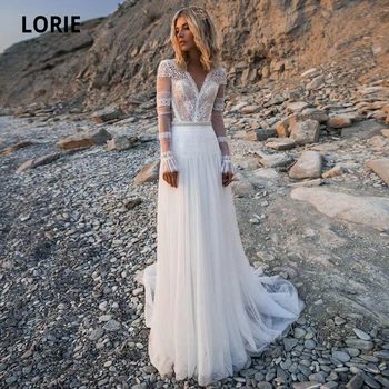 

LORIE Beach Bohemian Wedding Dresses V Neck Long Sleeves Lace Appliques Dream Bridal Gowns Boho A Line Princess Gowns Plus Size