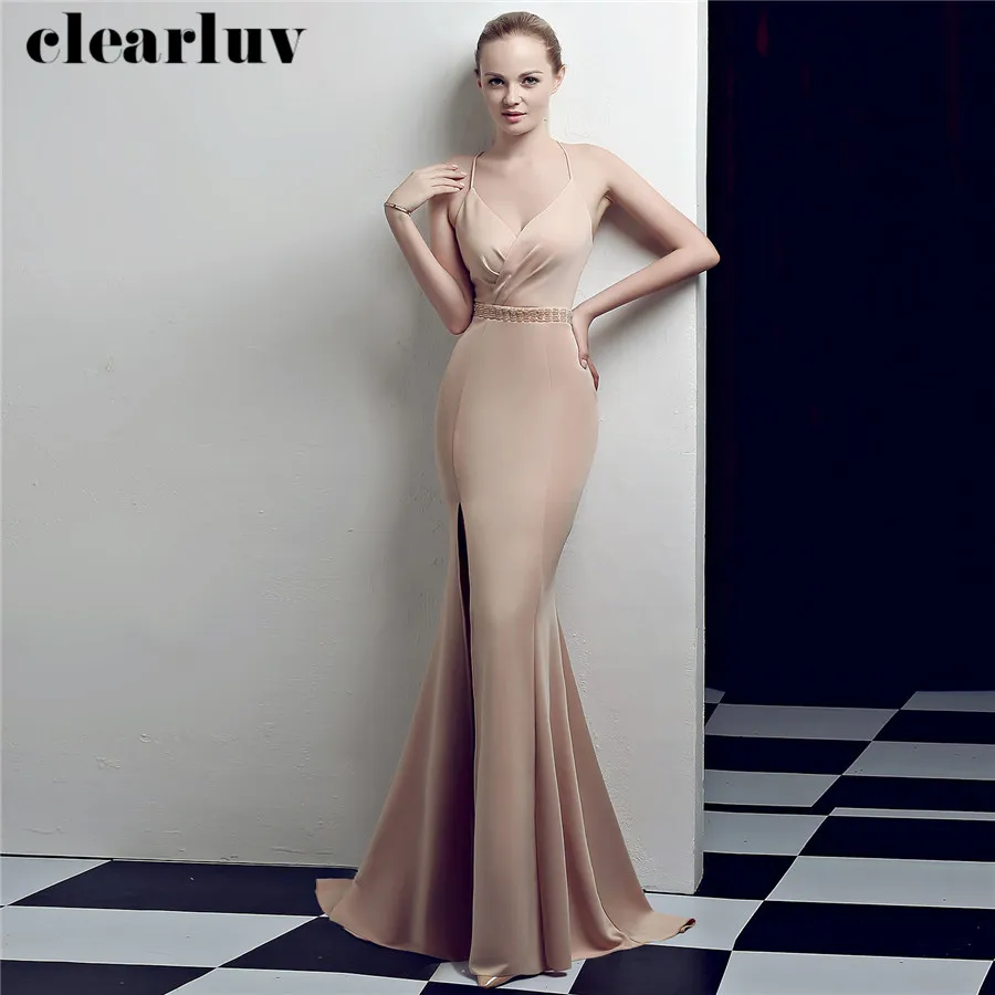 

Sexy Strapleass Prom Dress Champagne Sling Train Formal Gowns DX323-4 2020 New Plus Size Robe De Soiree Long Split Evening Dress
