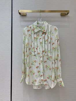 

Luxury Brand Blouse Top 2020 Early Autumn Women New Arrival Elegant Rhinestone Stitching Pleated Floral Print Long Sleeve Shirt