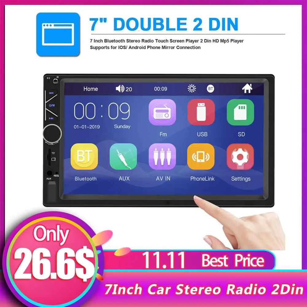 

7Inch Bluetooth Car Stereo Radio Touch Screen Player 2Din HD Mp5 Player Supports For IOS/Android Phone Support Mirror Connection
