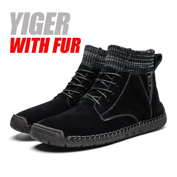 Black with fur YIGER, новые мужские мартинсы, зима, большой размер, носок ручной работы, ботинки, весна и осень, на шнуровке, мужские повседневные ботинки, мужские ботильоны, 0394 - Цвет: Black with fur