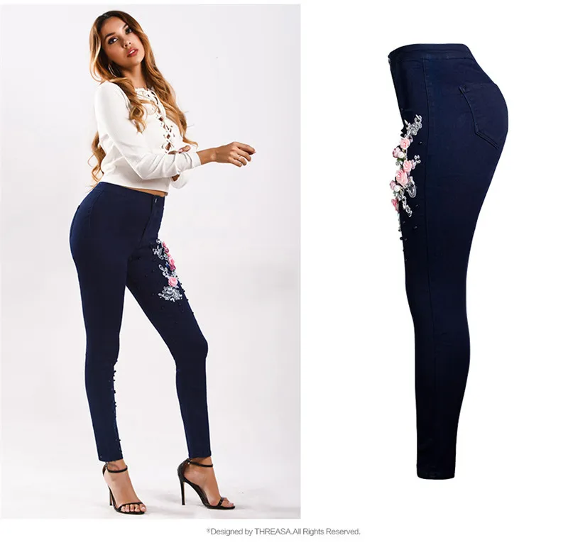 Fashion New High Waist Jeans for Women Pearl embroidery Slim Stretch Denim Jean Bodycon Belt Bandage Skinny Push Up Jeans Woman