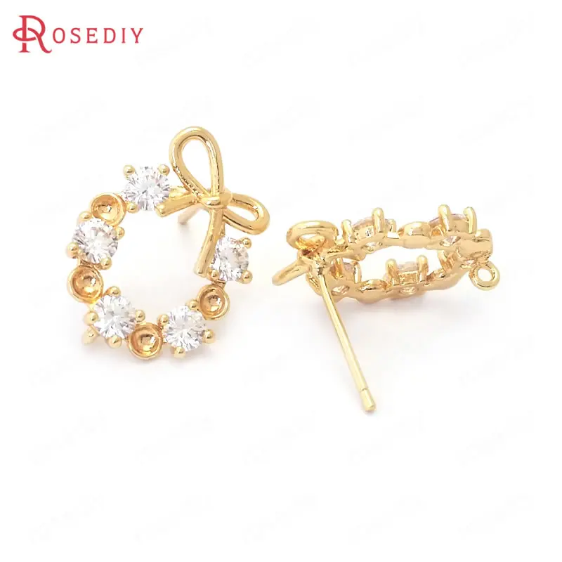 

(38824)6PCS 16.5x13.5MM 24K Gold Color Brass and Zircon with Bow Circle Stud Earrings Pins Earrings Jewelry Making Supplies