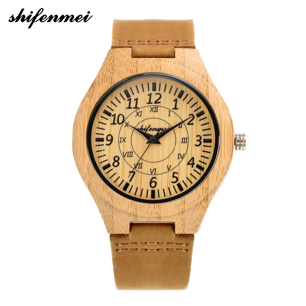 

shifenmei S5537 Men / women Watch Simple Pure Analog Bamboo Clock Man Genuine Leather Luxury Quartz wristwatch male Watches