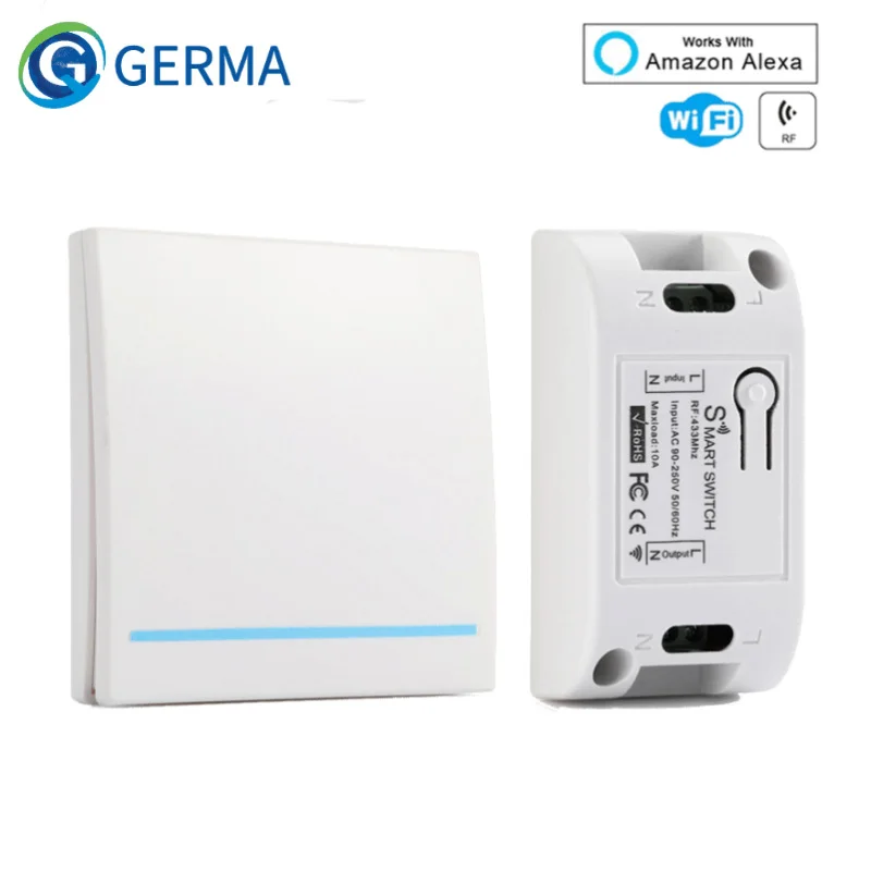 GERMA – interrupteur Wifi sans fil RF 433MHz 10A/2200W, panneau de commutation 86 Type marche/arrêt, émetteur de télécommande WiFi 433MHz