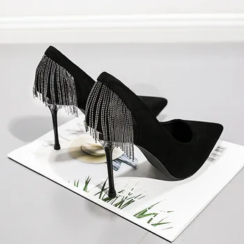 

JR Chic Stiletto Pointed Toe Silver studded Tassels Mid-Top Heeled in Sexy BLACK