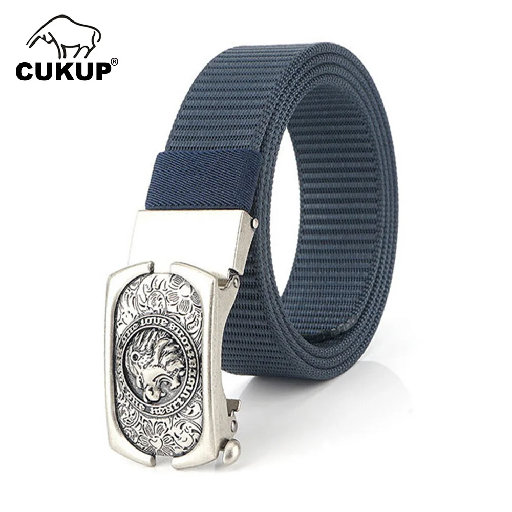 CUKUP New Unique Design Lion Head Pattern Buckles Metal Men's High Quality Nylon Belts for Men Accessories 3.5cm Width CBCK257