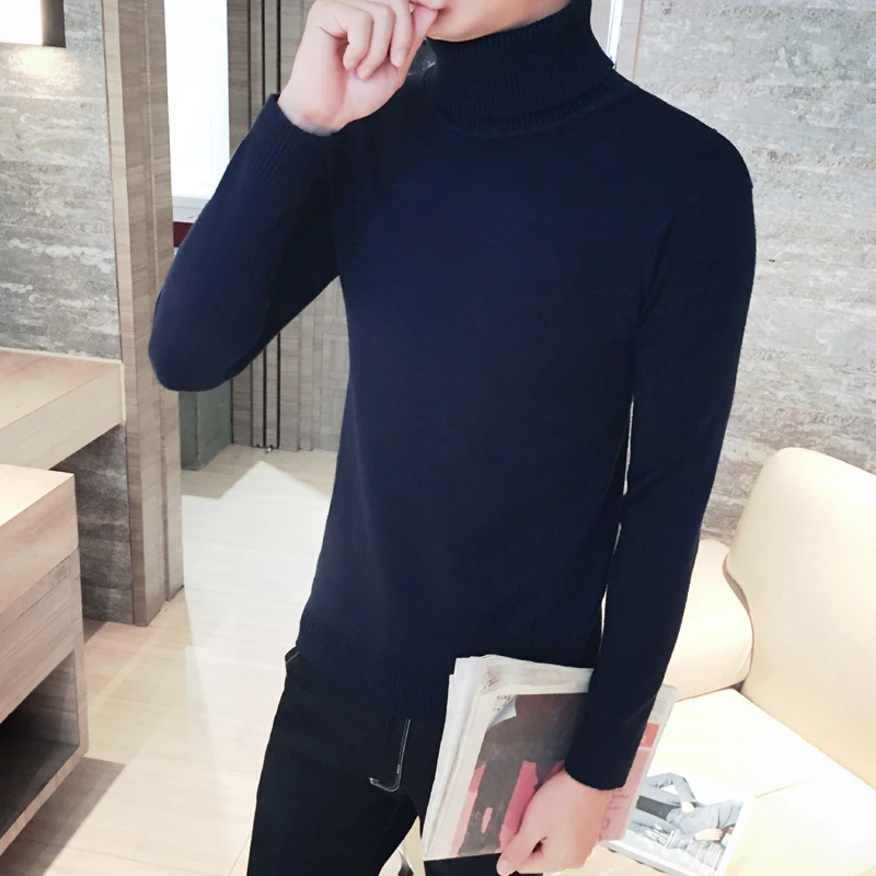 blue thin Корейские мужские топы размера плюс, модные кашемировые футболки с высоким воротником и длинным рукавом, повседневные облегающие мужские осенние облегающие футболки - Цвет: blue thin