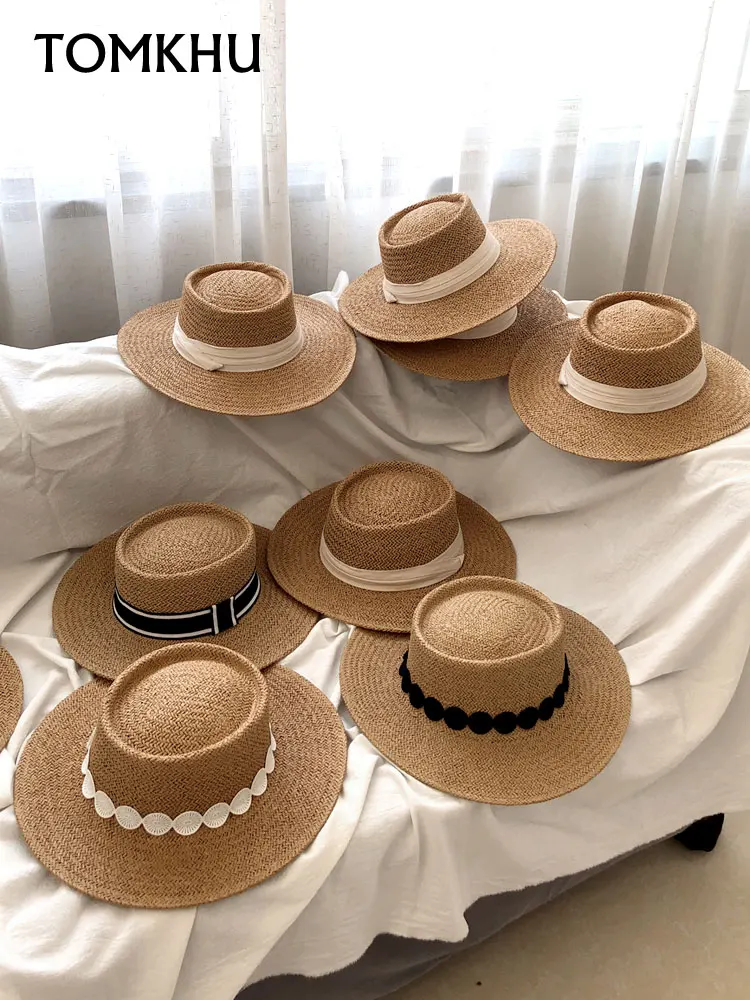Sombrero de playa de paja hecho a mano para mujer, gorra plana cóncava visera de protección solar, para vacaciones de verano, gran oferta, 2021| Sombreros de sol para mujer| -