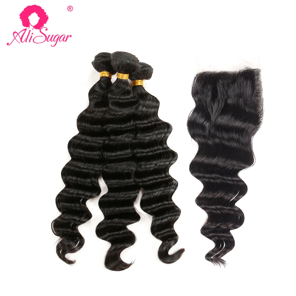 

Ali Sugar Hair Peruvian Loose Wave Raw Virgin Hair 3 Bundles With Closure 4*4 Swiss Lace 100% Unprocessed Human Hair Extensions