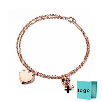 

SL TFB Rllen Original 925 Silver Rose Gold Double Chain Heart Key Bracelet with Original Logo Jewelry Wholesale.