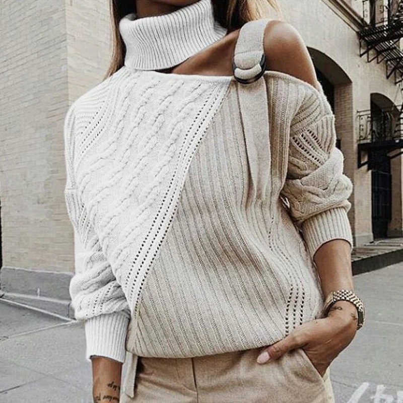 LOOZYKIT Women Patchwork Turtleneck Sweater Sexy Off Shoulder  Knitted Pullover Winter Long Sleeve Jumper Tops Pull Knitwear