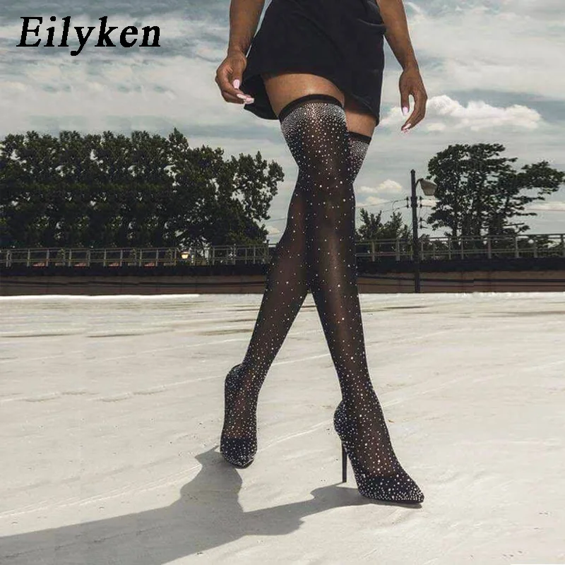 Женские блестящие туфли чулки Eilyken высокие ботфорты на тонком каблуке со
