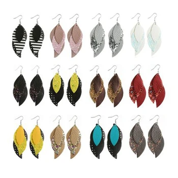 

12 Pairs of Women's Leather Earrings Teardrop Stripe Glitter Leaf Drop Earrings Faux Leather Earrings