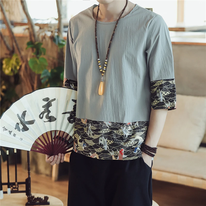 Summer Vintage Shirts Embroidery Chinese Top Cotton Linen Carp Kung Fu Hanfu Traditional Chinese Clothing for Men Blouse