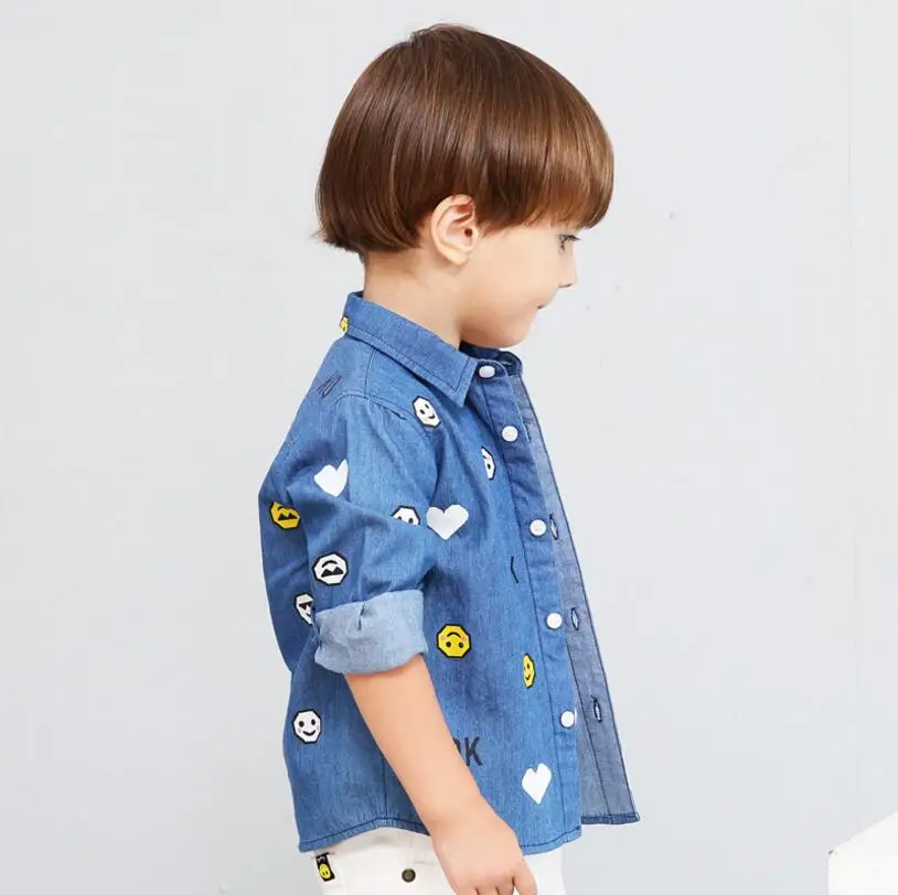 Новое весенне-осеннее платье для мальчиков детские хлопковые рубашки в Европе и Америке осенние джинсы с длинными рукавами и рисунком рубашка для мальчиков