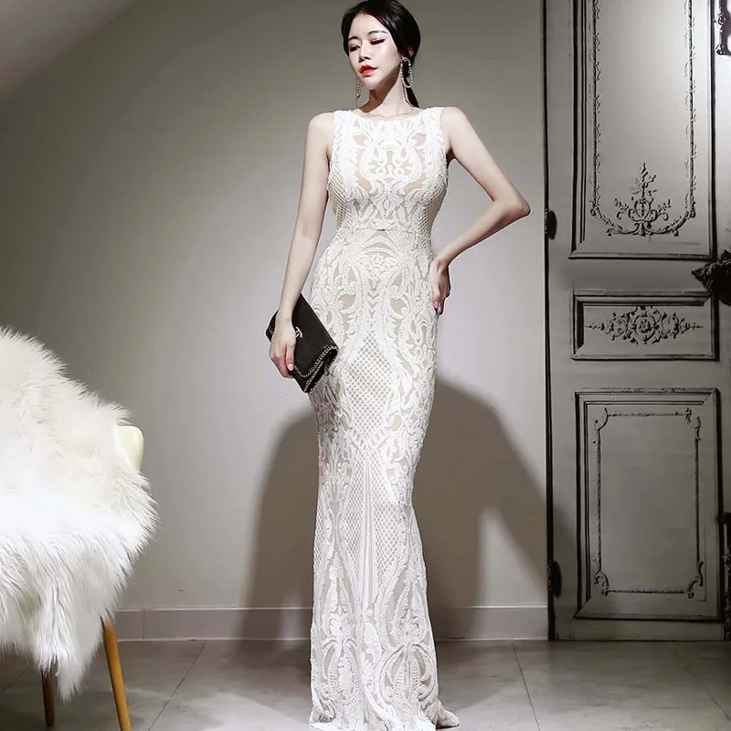 

2020 Spring Clothing New Products Debutante Elegant Crew Neck High-End Sequin Sleeveless Slim Fit Sheath Mopping Long Skirts Dre