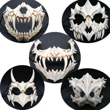 

Half Animal Mask Long Teeth Demon Samurai White Bone Mask Tengu Dragon Yaksa Tiger Resin Mask Cosplay