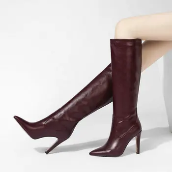 

Faux Leather Thin Heel Knee High Boots Woman Fashion Print Pointed Toe Lazy High Boots Brand Design Winter Shoes Brown Blue