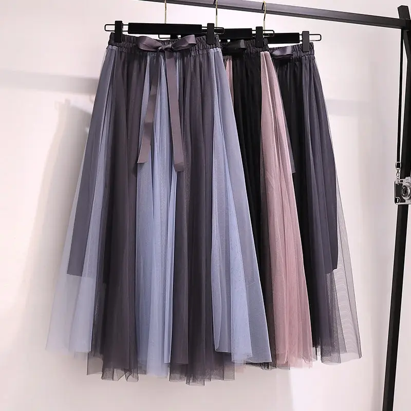 

Spring Summer Stitching Color Mesh Skirt Women's Clothing 2023 New Fashion High Waist Bow Ladies Casual Skirts aq306
