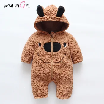 

WLG winter todller hooded romper baby boy girls cartoon bear plush cloth kid boy winter cotton warm solid romper new born cloth