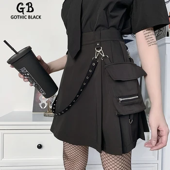 

Gothblack Streetwear High Waist Solid Color Skirts Gothic Women Punk Splice Chain Tooling A-Line Skirt Female 2020 Party Skirt