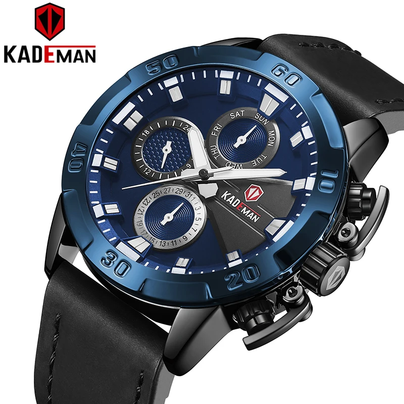 

New Kademan Men Business Watch Luxury Brand Leather Strap WristWatch Chronograph Military Quartz Week Date Relogio Masculino 813