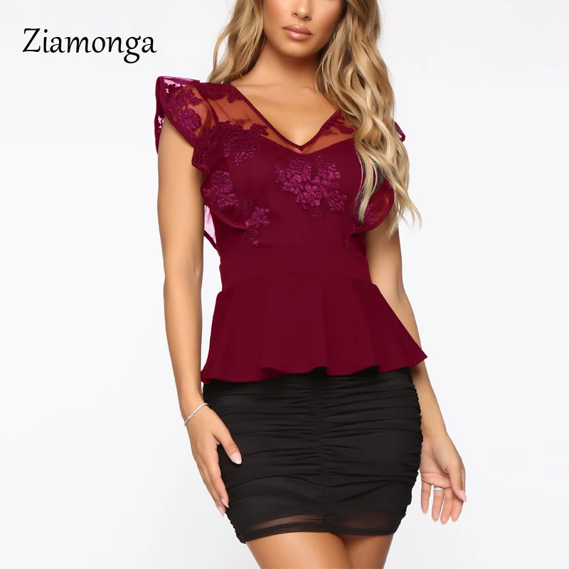 V-Neck Embroidery Lace Peplum Top