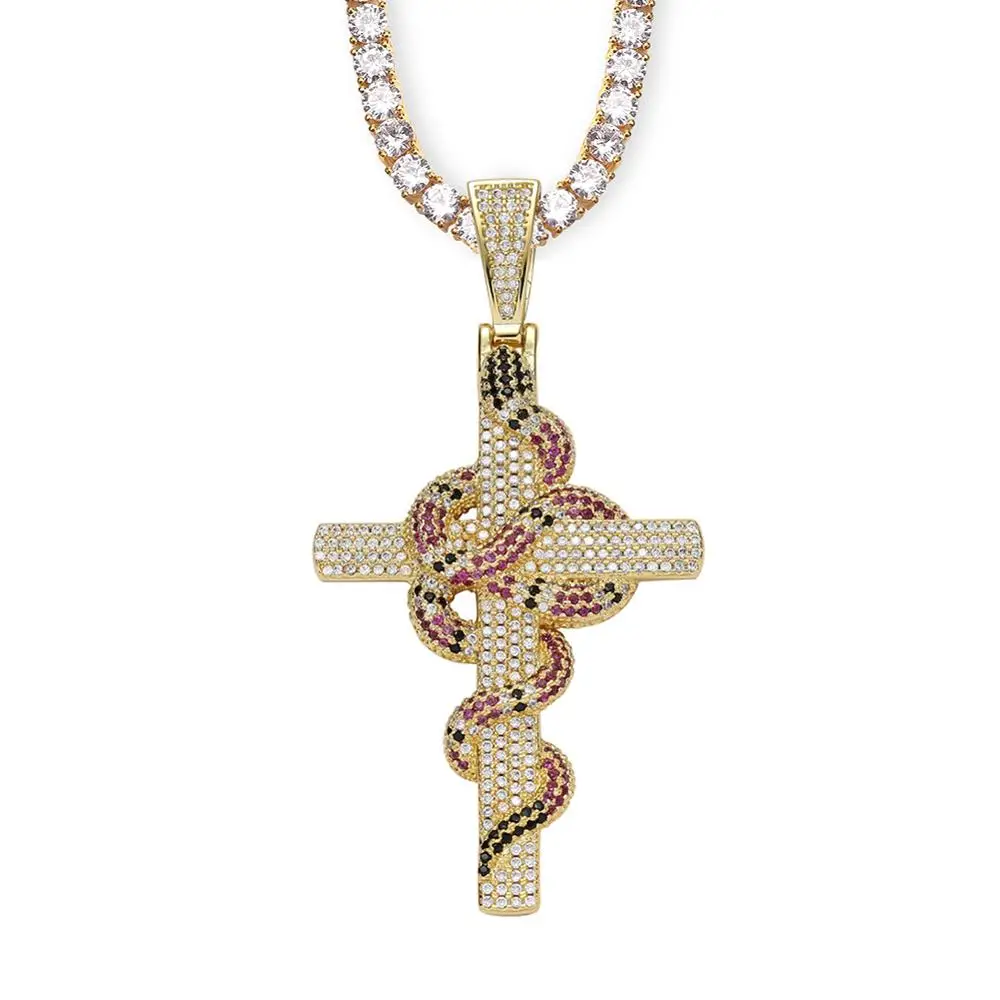 Хип хоп Iced Out AAA Micro Pave красочные кубического циркония Крест змея кулон и ожерелье