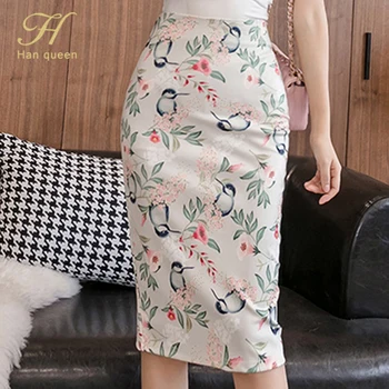 

H Han Queen Women Vintage Skirts Flower Printing High Waist Bodycon Skirt Slim Sexy Pencil Skirts Female Falda