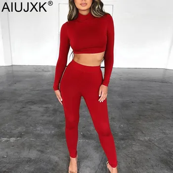 

AIUJXK Autumn Winter 2019 Turtleneck Tight Two Piece Set Women Sexy Crop Top And Pants Tracksuit Female Fashion Casual Clothing