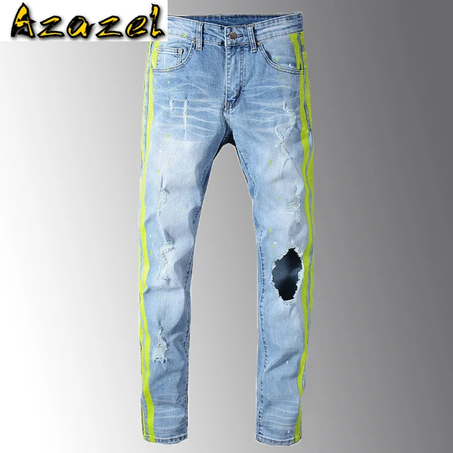 Azazel Men s Neon Yellow Color Lines Patchwork Ripped Jeans Fashion Holes Destroyed Denim Stretch Pants Slim Fit Man Jeans