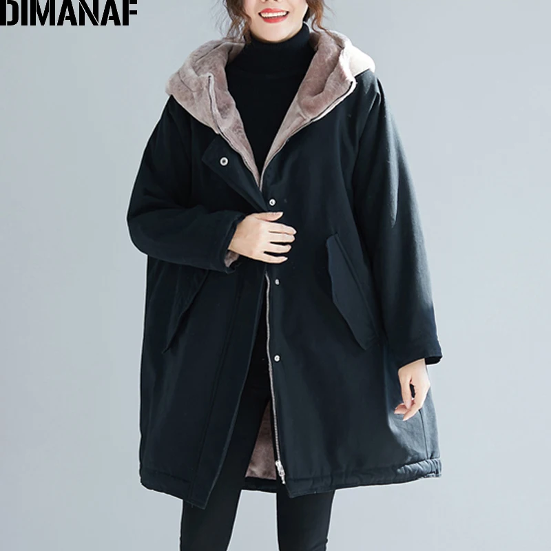 XWZ92296CN-hei DIMANAF/Женская куртка большого размера, пальто, зимняя кашемировая утепленная куртка на молнии с капюшоном, женская верхняя одежда, теплая свободная одежда больших размеров - Цвет: XWZ92296CN-hei