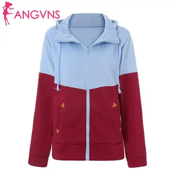 

Women Casual Sweatshirt Patchwork Long Sleeve Hooded Zipper Drawstring, Jacket With Pocket Autumn, Winter
