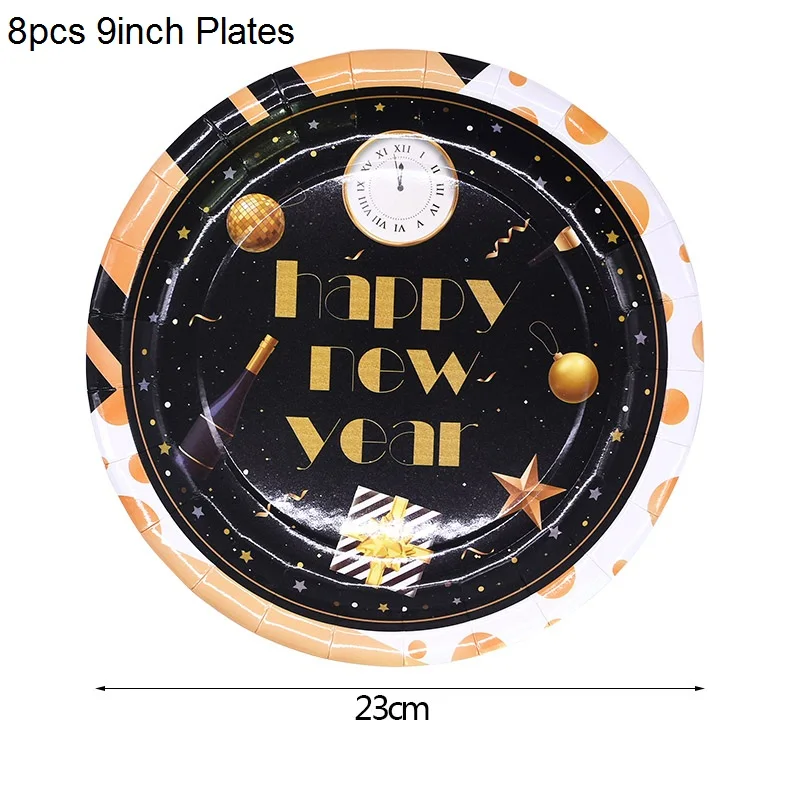 8Pcs 9inch plate Черное золото вечерние одноразовые столовые приборы набор бумажный стаканчик, тарелка соломинки на год вечерние украшения счастливый год праздничный шар - Цвет: 8Pcs 9inch plate