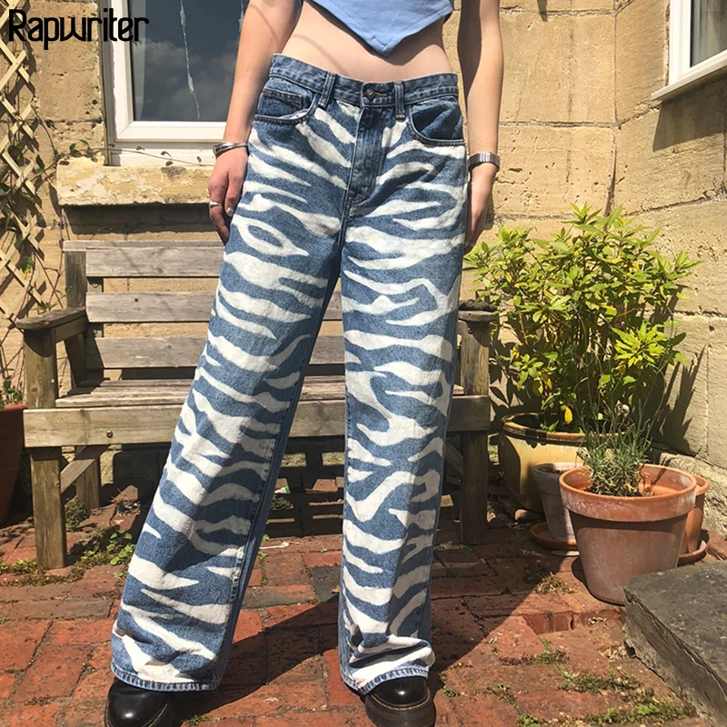 

Streetwear Zebra Print Baggy High Waist Mom Wide Leg Jeans Women 2020 Vintage Striped Straight Denim Woman Pants femme Rapwriter