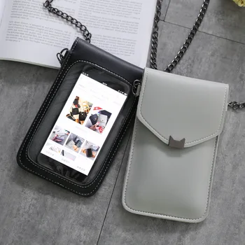 

Cat Ear Transparent Touch Screen Simple Mobile Phone Purse Women Chain Messenger Bags Mini Shoulder Bag Cell Phone Wallet