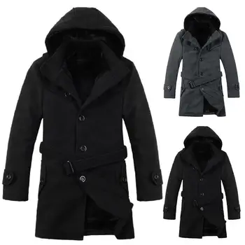 

Stylish Men Solid Color Long Sleeve Single-breasted Slim Thin Woolen Hoodie Jacket Coat