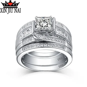 

3 pieces/set of wedding ring suit classic jewelry CZ silver and white princess cut AAA CZ Engagement Wedding Ring women's style