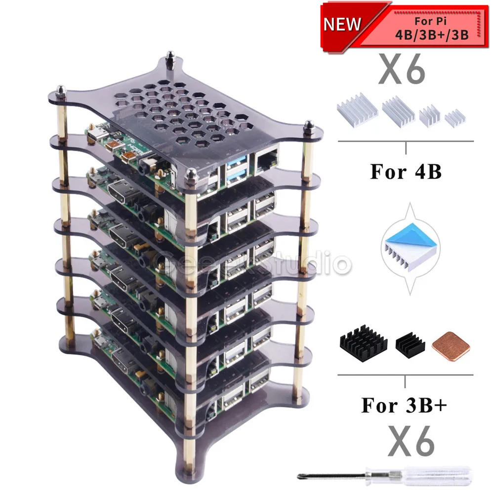 

Чехол для Raspberry Pi 4 B / 3B + / 3B / 2B / B +, 6 слоев, прозрачный/темно-коричневый, акриловый чехол со стандартной отверткой